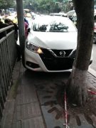 错把油门当刹车 小车冲上人行道