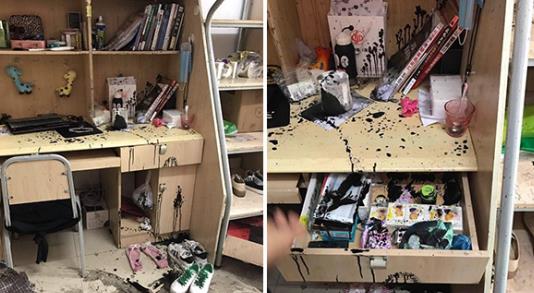 重庆一高校女生寝室被泼墨 床铺泡在墨水中衣物尽毁