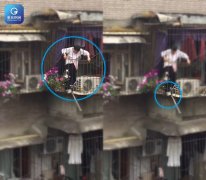 重庆一老太为看热闹爬上高楼防盗网 自己差点成“热闹”